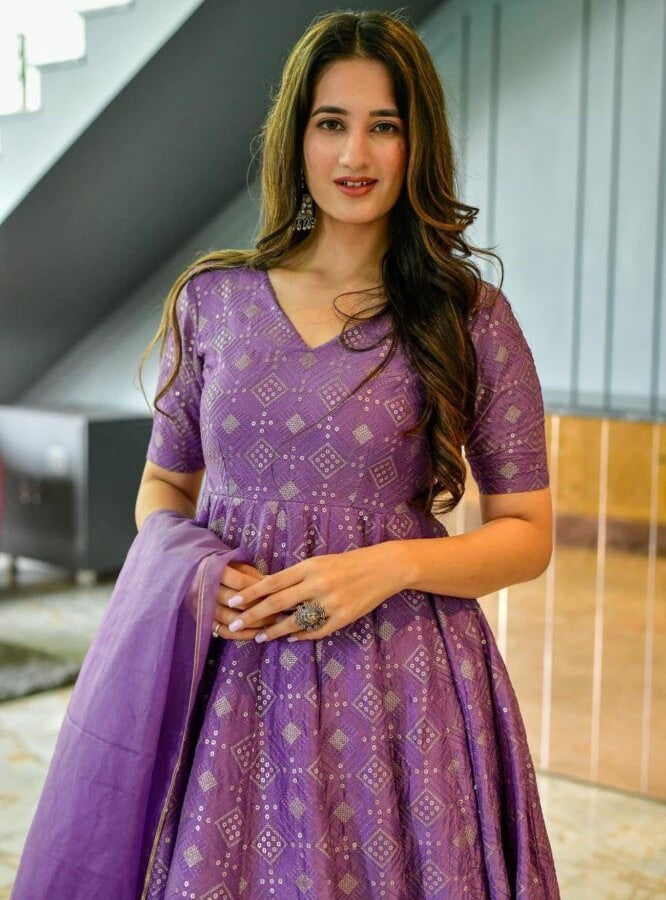 Purple georgette sequence embroidery work party wear anarkali suit