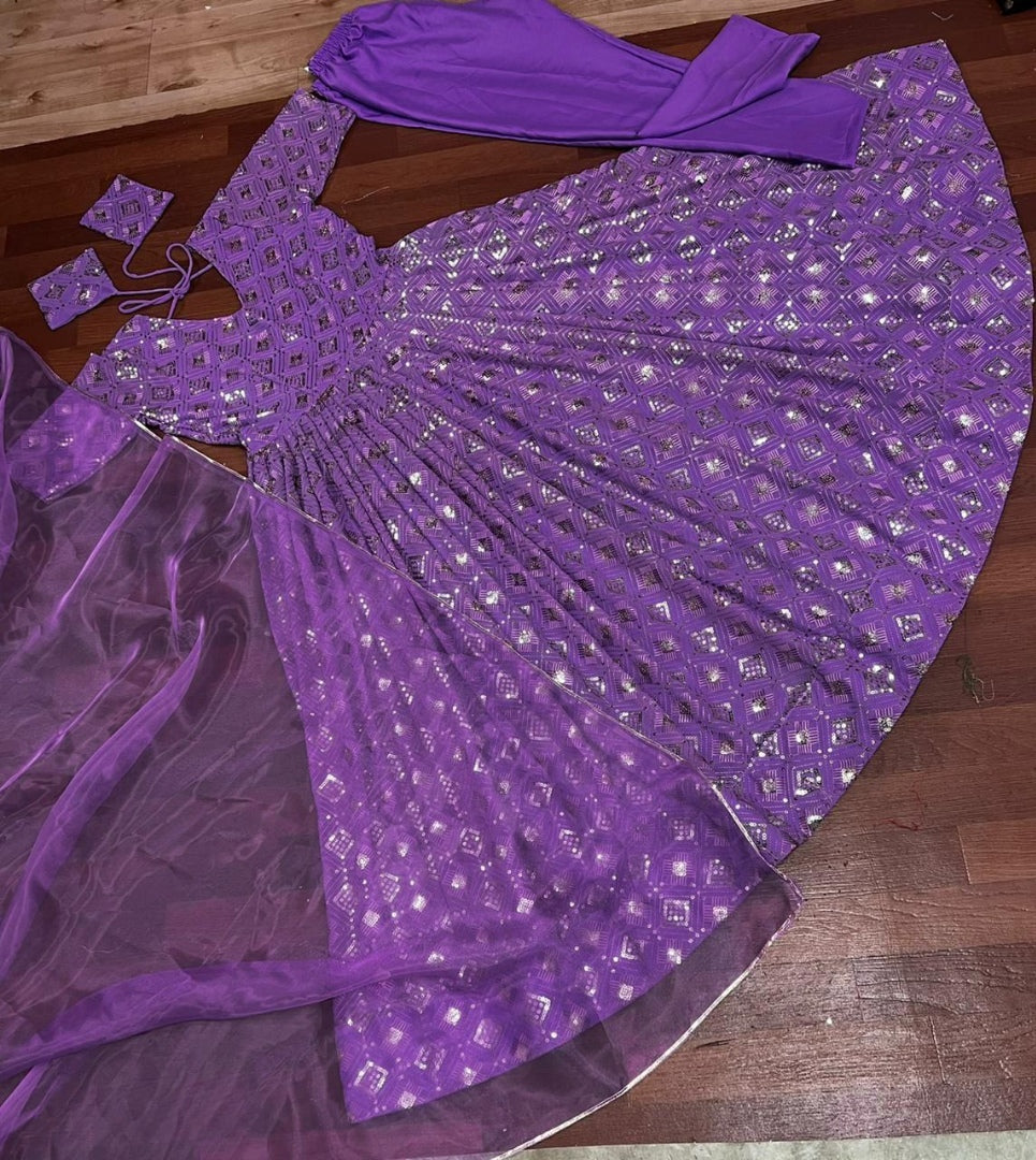 Purple georgette sequence embroidery work party wear anarkali suit