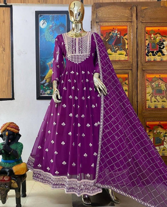 Purple georgette sequence foil mirror work gown
