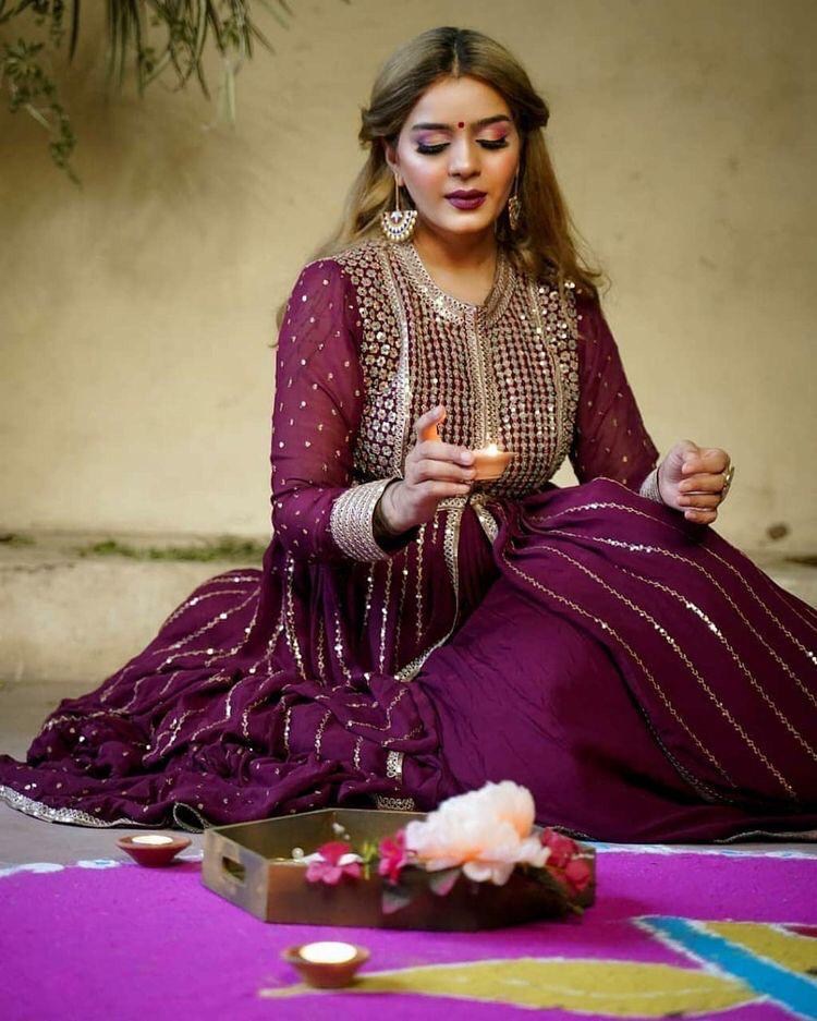 Purple georgette sequence work partywear gown