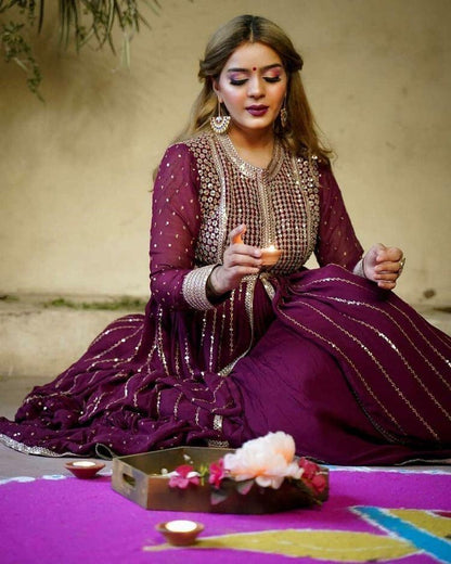 Purple georgette sequence work partywear gown