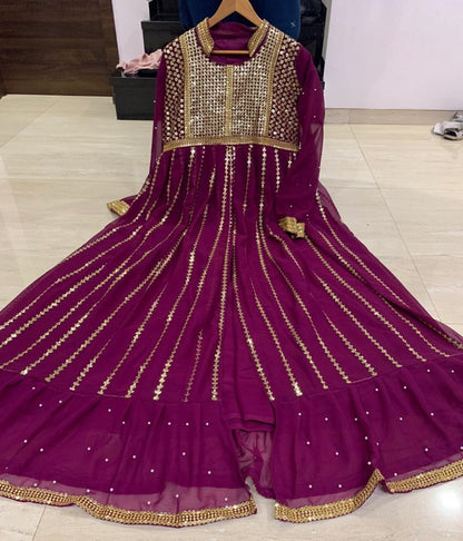 Purple georgette sequence work partywear gown