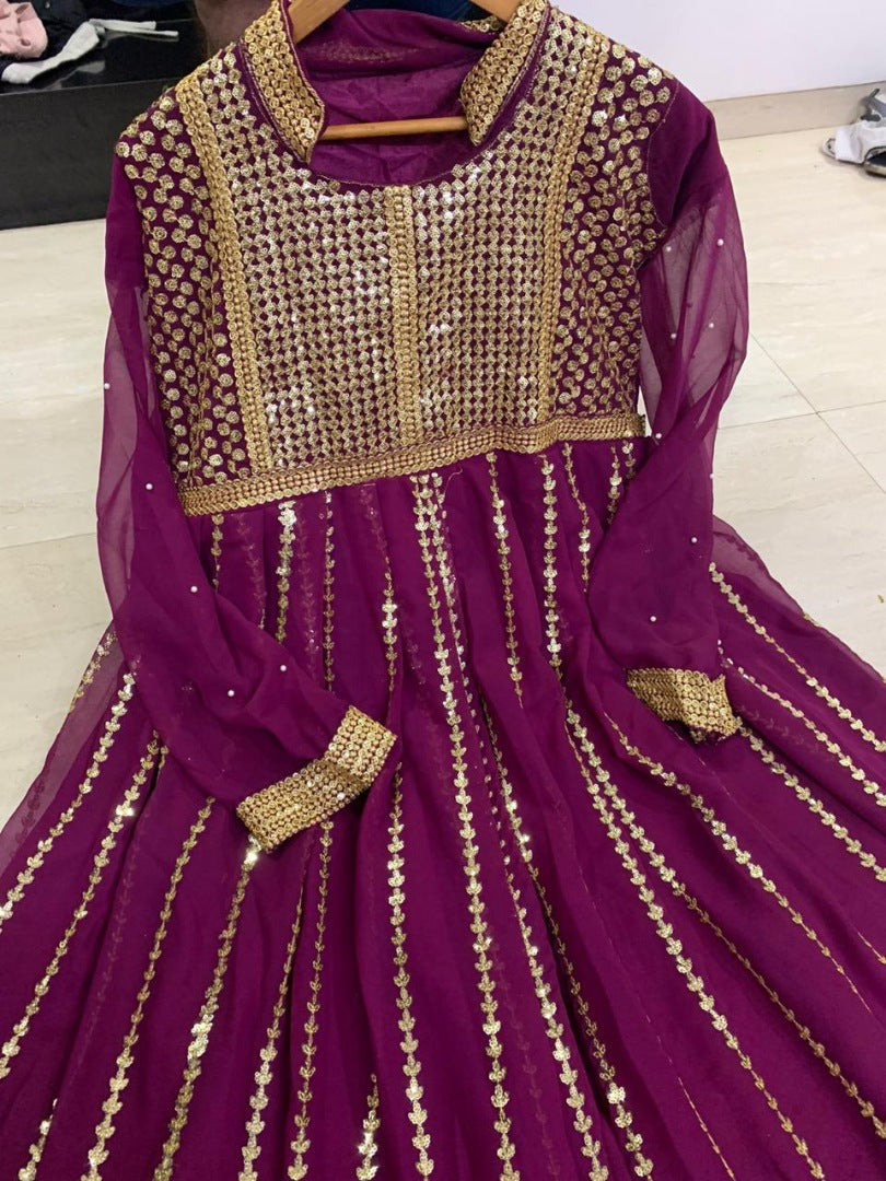 Purple georgette sequence work partywear gown