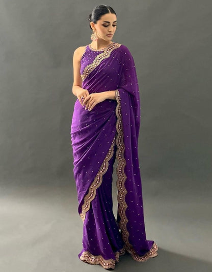 Purple georgette thread moti work wedding saree