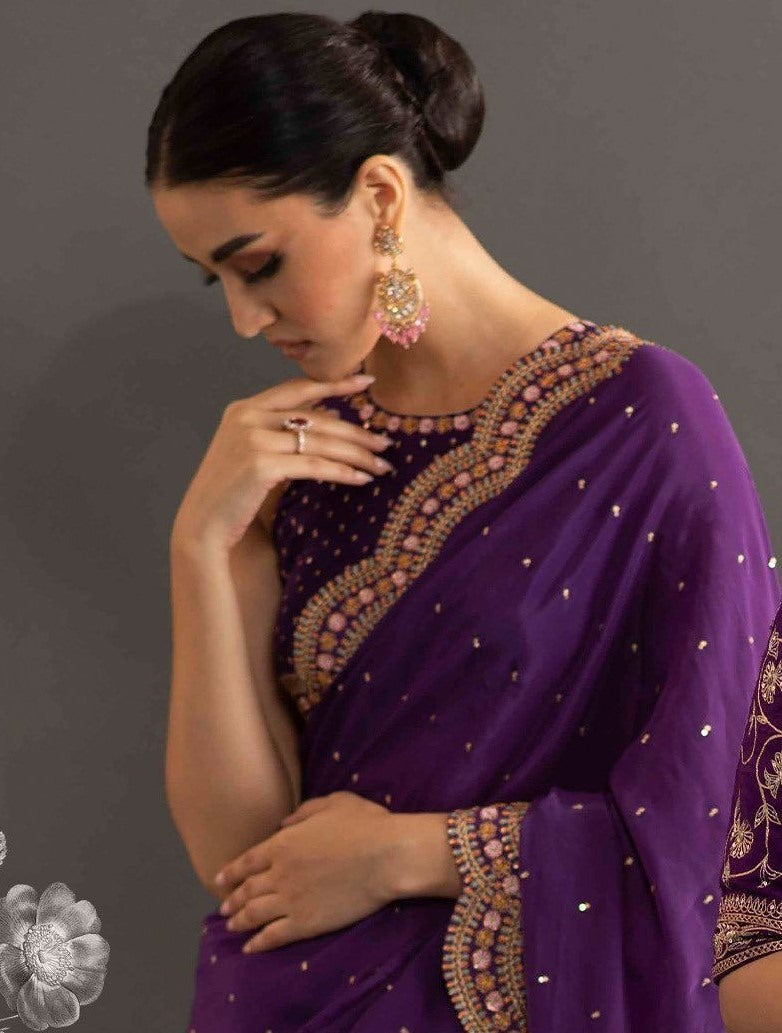 Purple georgette thread moti work wedding saree