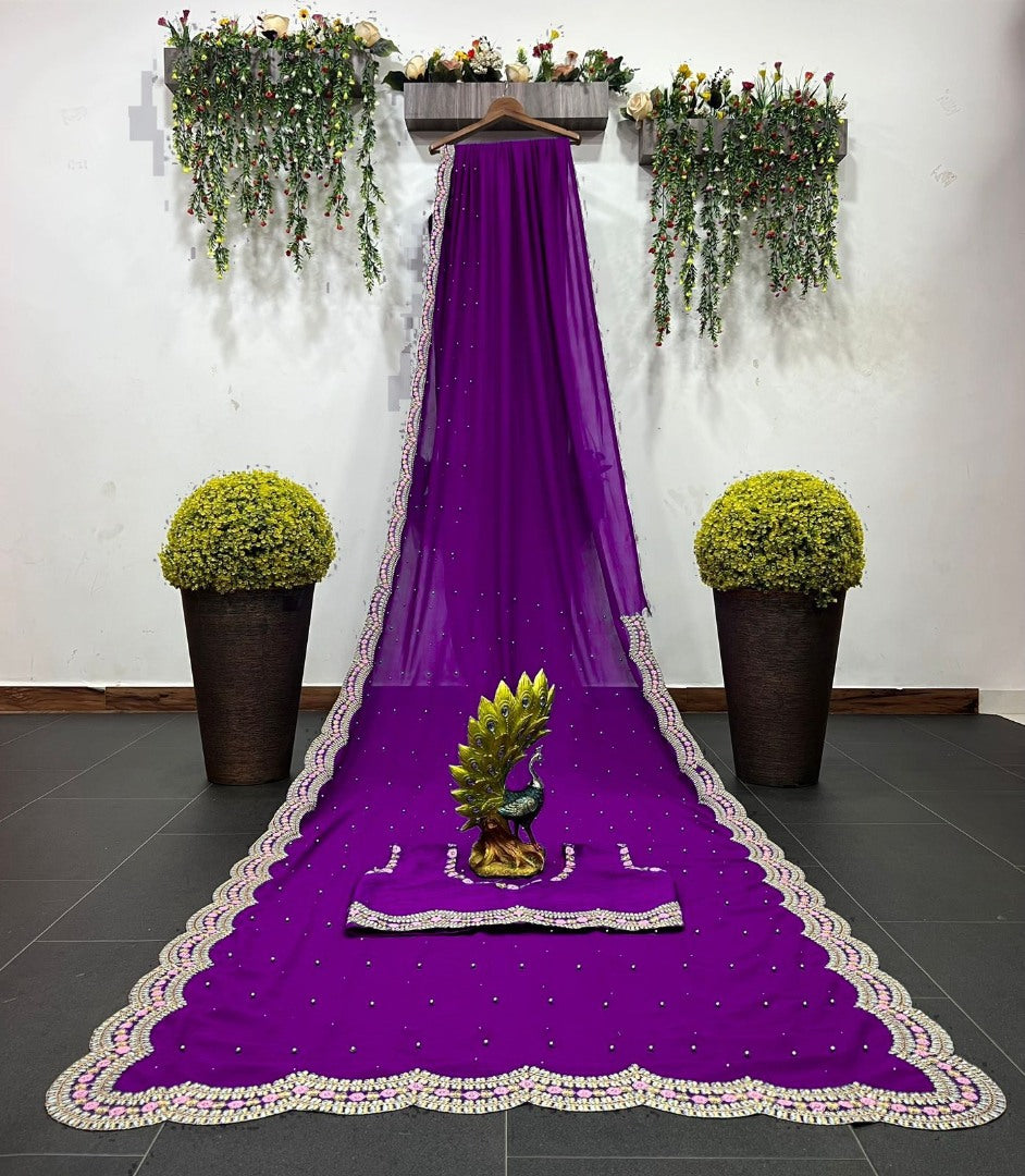Purple georgette thread moti work wedding saree