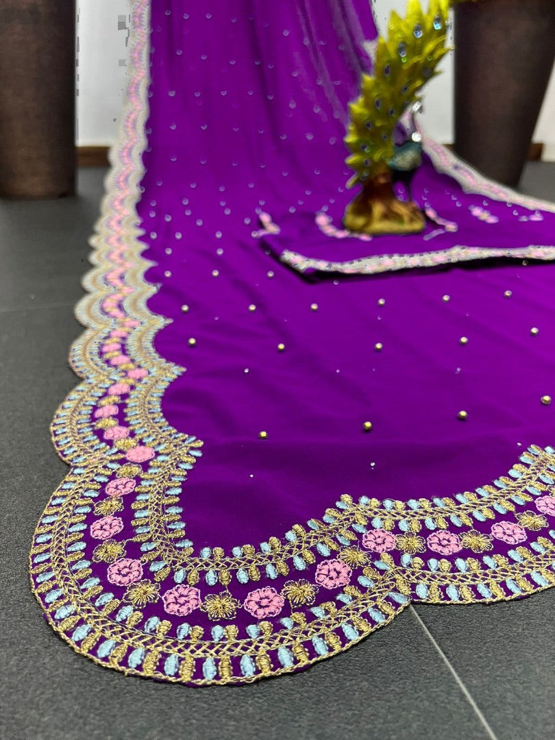 Purple georgette thread moti work wedding saree