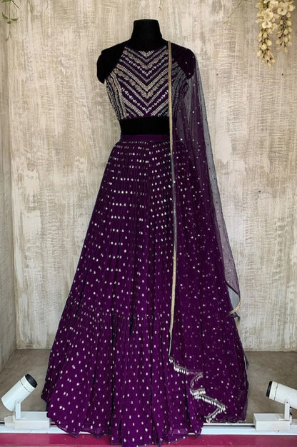 Purple georgette thread sequence embroidery work partywear lehenga choli