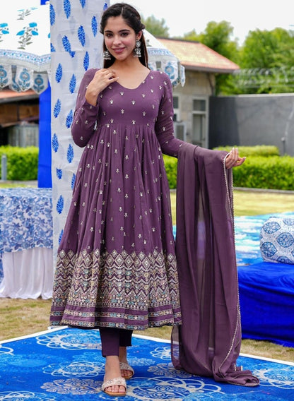 Purple georgette thread sequence work anarkali suit