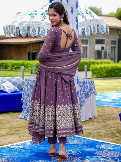 Purple georgette thread sequence work anarkali suit