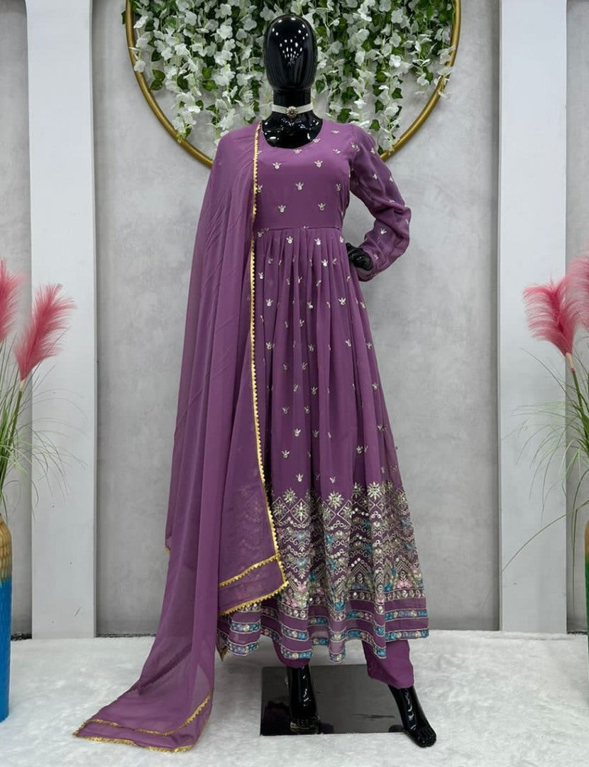 Purple georgette thread sequence work anarkali suit