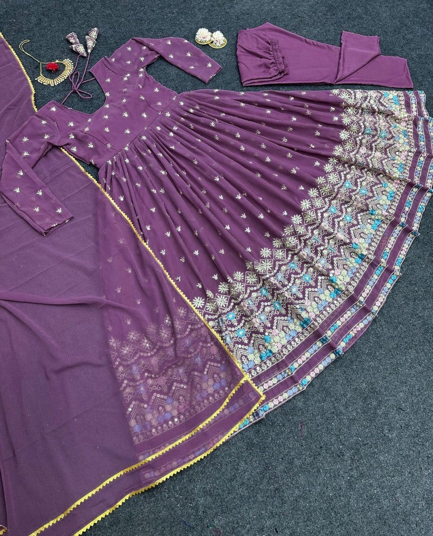 Purple georgette thread sequence work anarkali suit
