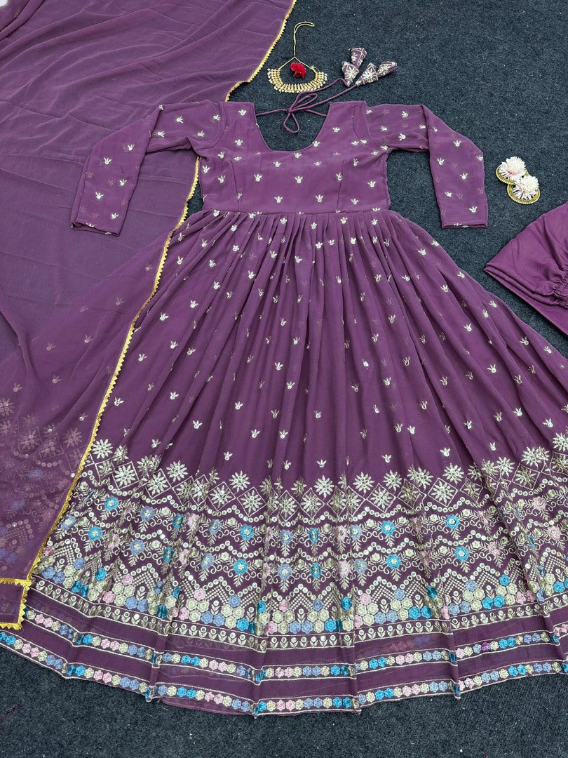 Purple georgette thread sequence work anarkali suit