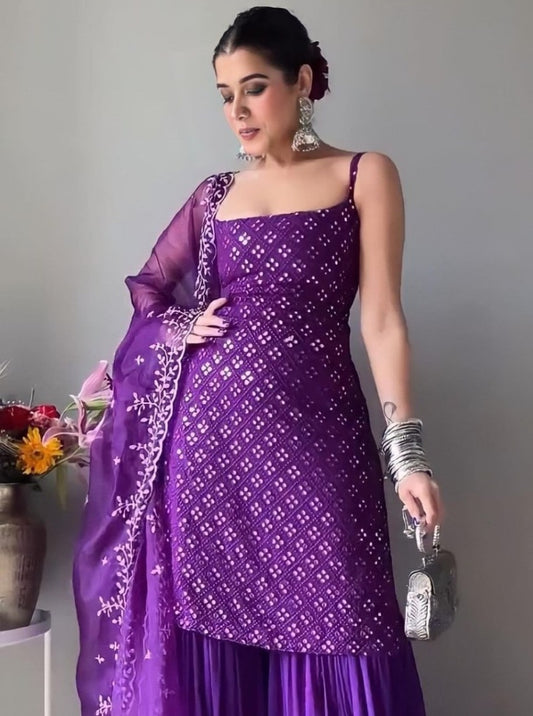 Purple georgette thread sequence work designer party wear sharara suit