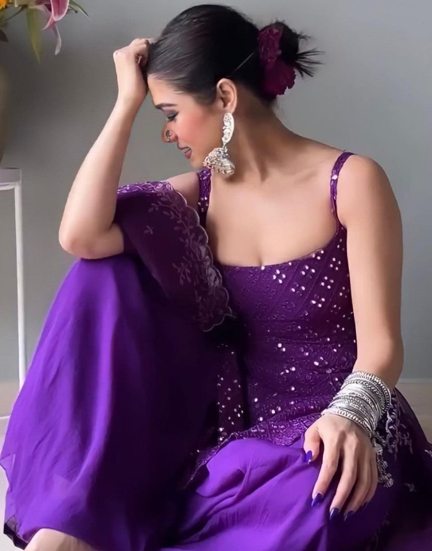 Purple georgette thread sequence work designer party wear sharara suit