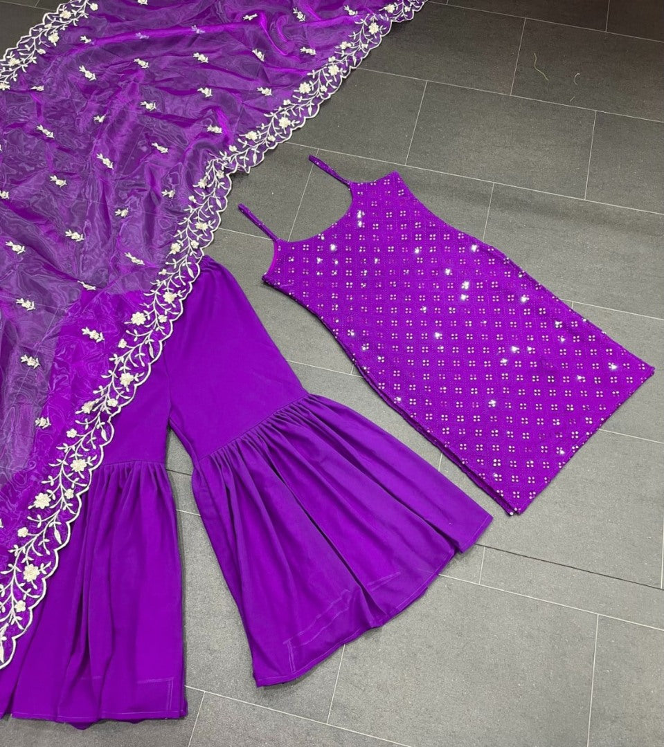 Purple georgette thread sequence work designer party wear sharara suit