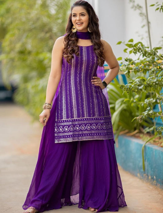 Purple georgette thread sequence work palazzo suit