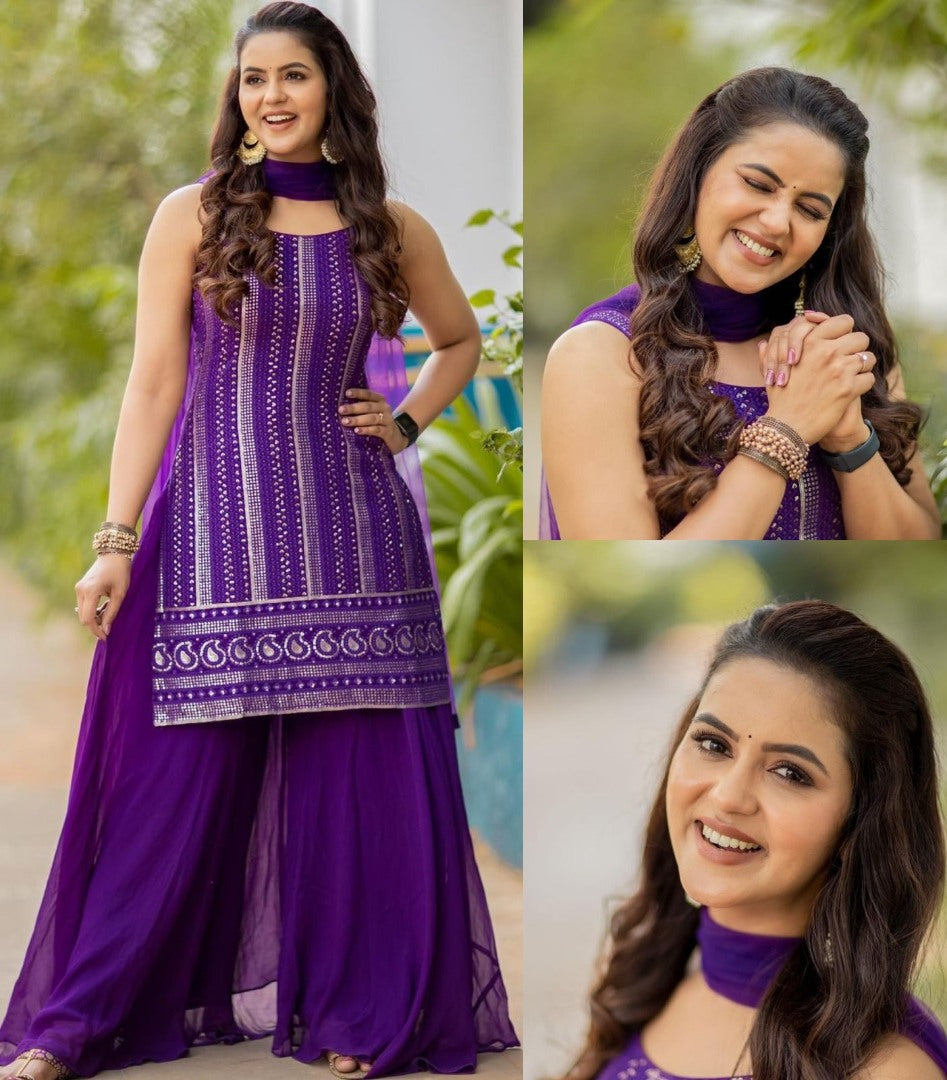 Purple georgette thread sequence work palazzo suit
