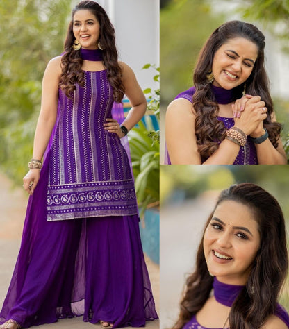 Purple georgette thread sequence work palazzo suit