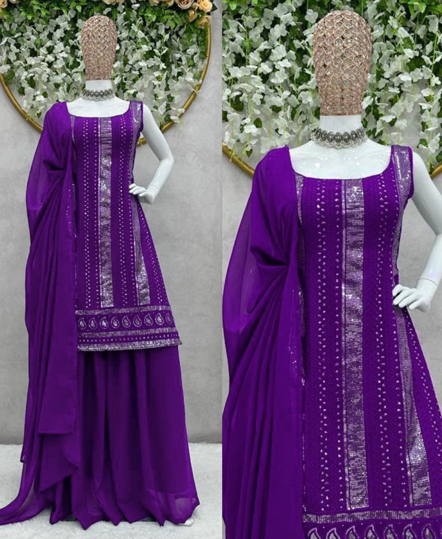 Purple georgette thread sequence work palazzo suit