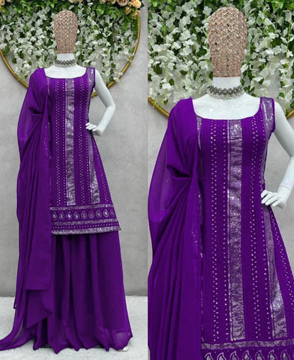 Purple georgette thread sequence work palazzo suit