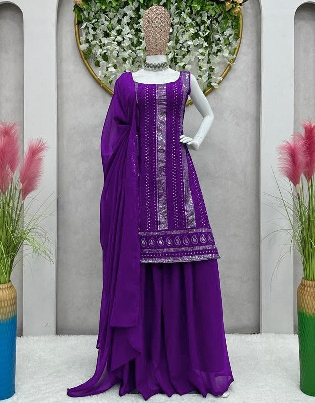 Purple georgette thread sequence work palazzo suit
