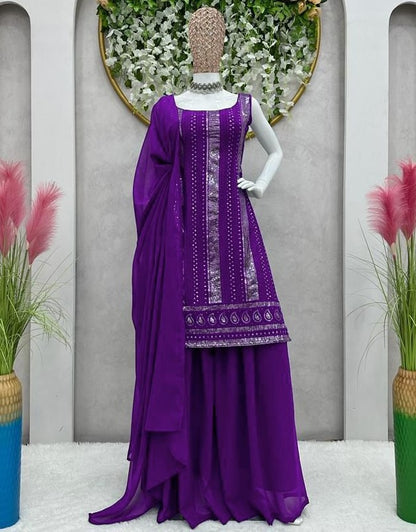 Purple georgette thread sequence work palazzo suit