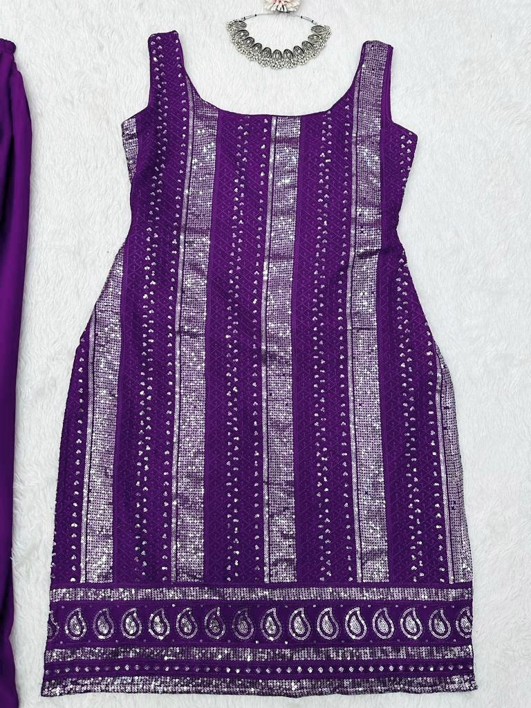 Purple georgette thread sequence work palazzo suit