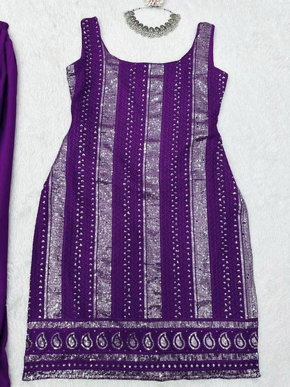 Purple georgette thread sequence work palazzo suit