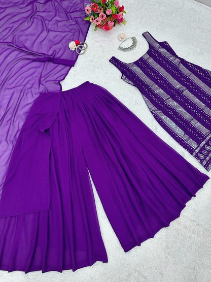 Purple georgette thread sequence work palazzo suit