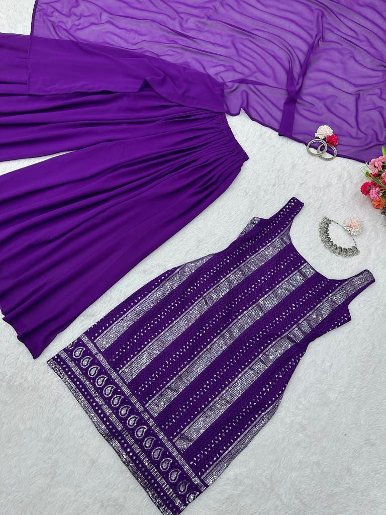 Purple georgette thread sequence work palazzo suit