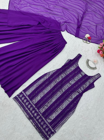 Purple georgette thread sequence work palazzo suit