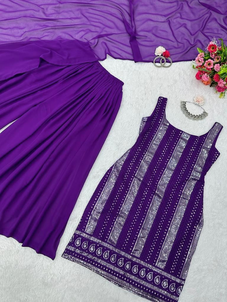 Purple georgette thread sequence work palazzo suit