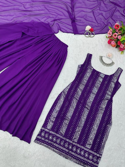 Purple georgette thread sequence work palazzo suit