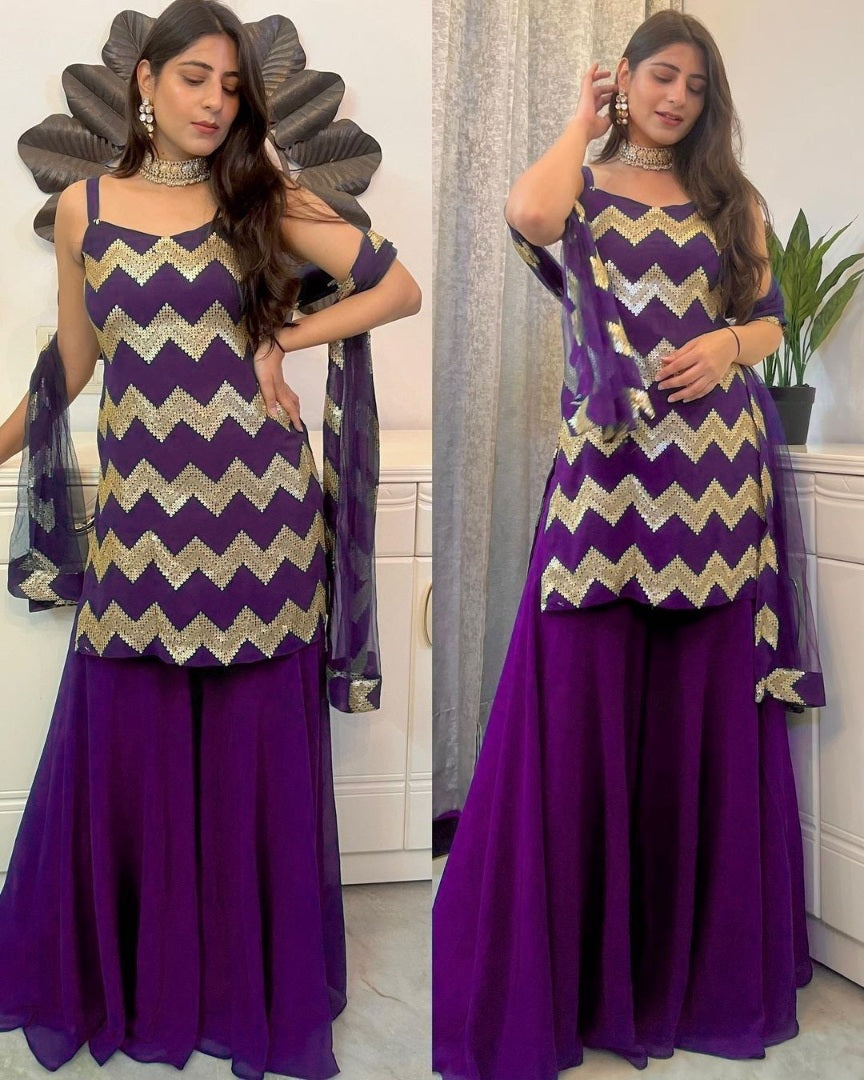 Purple georgette thread sequence work sharara suit