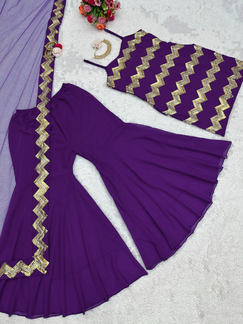 Purple georgette thread sequence work sharara suit