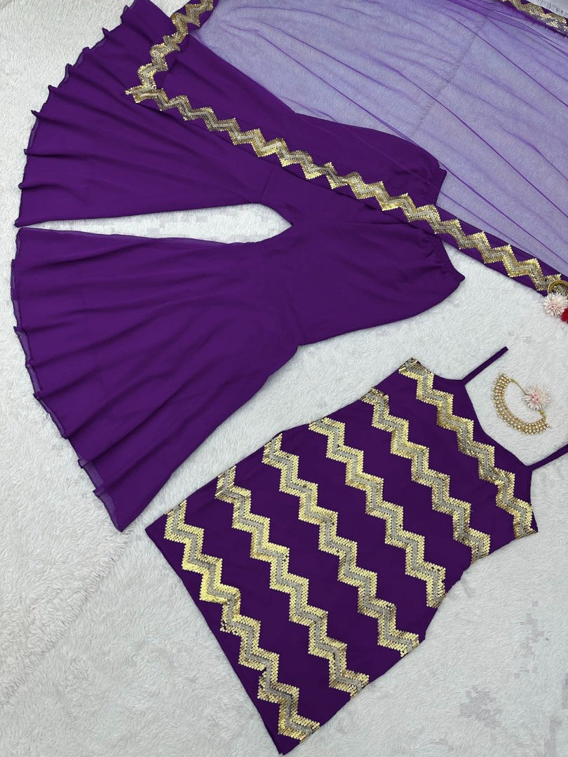 Purple georgette thread sequence work sharara suit