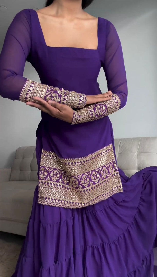 Purple georgette wedding sharara suit