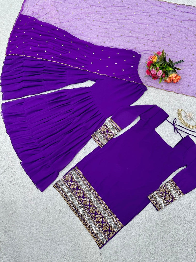 Purple georgette wedding sharara suit