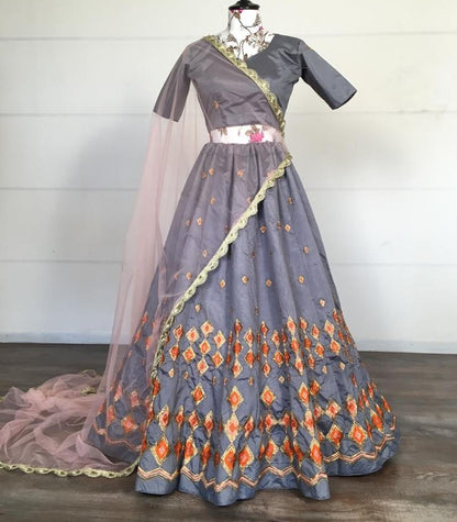 Purple grey kitkat silk embroidered stone work lehenga choli
