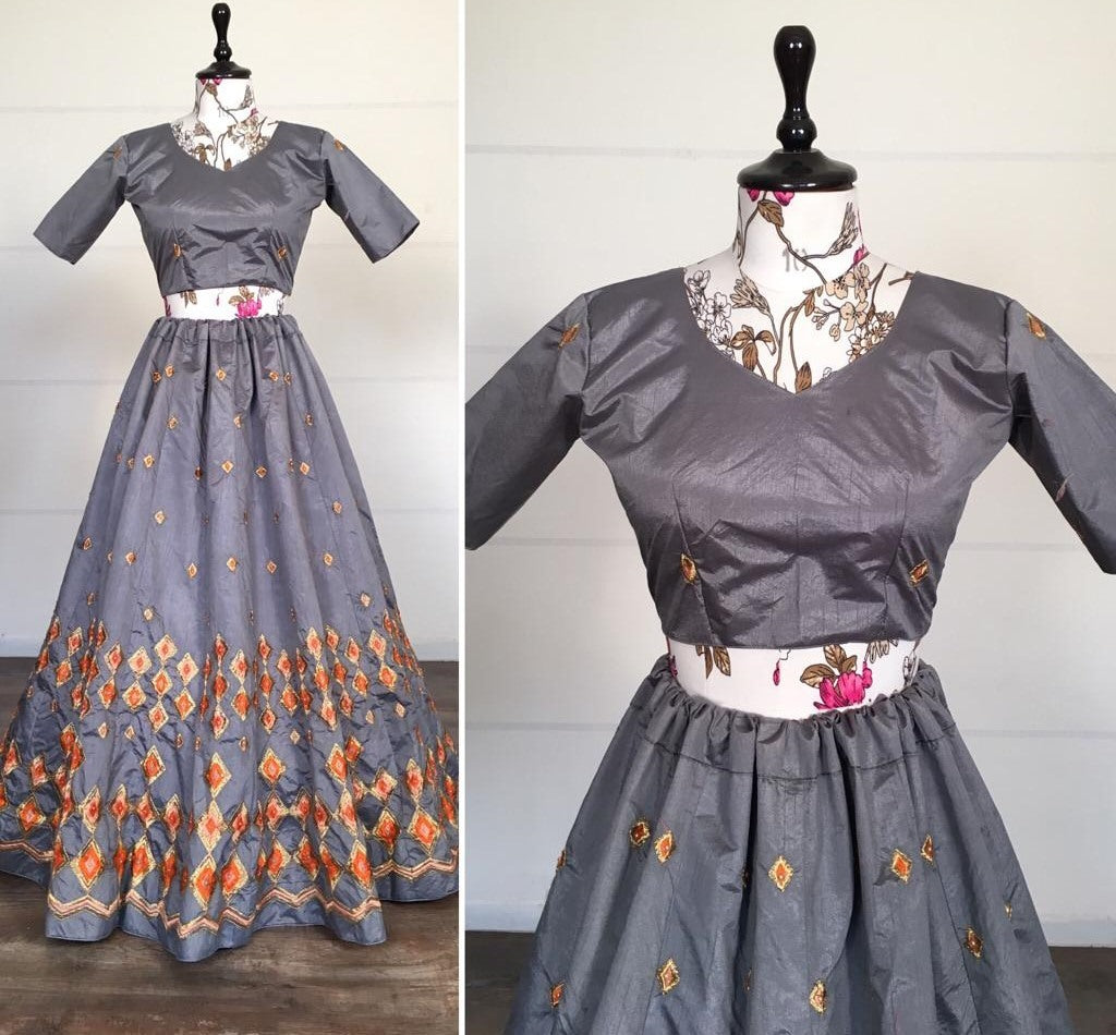 Purple grey kitkat silk embroidered stone work lehenga choli