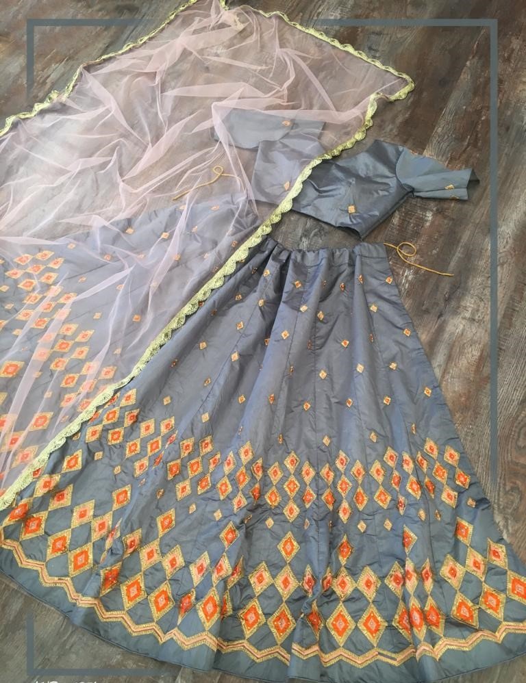 Purple grey kitkat silk embroidered stone work lehenga choli