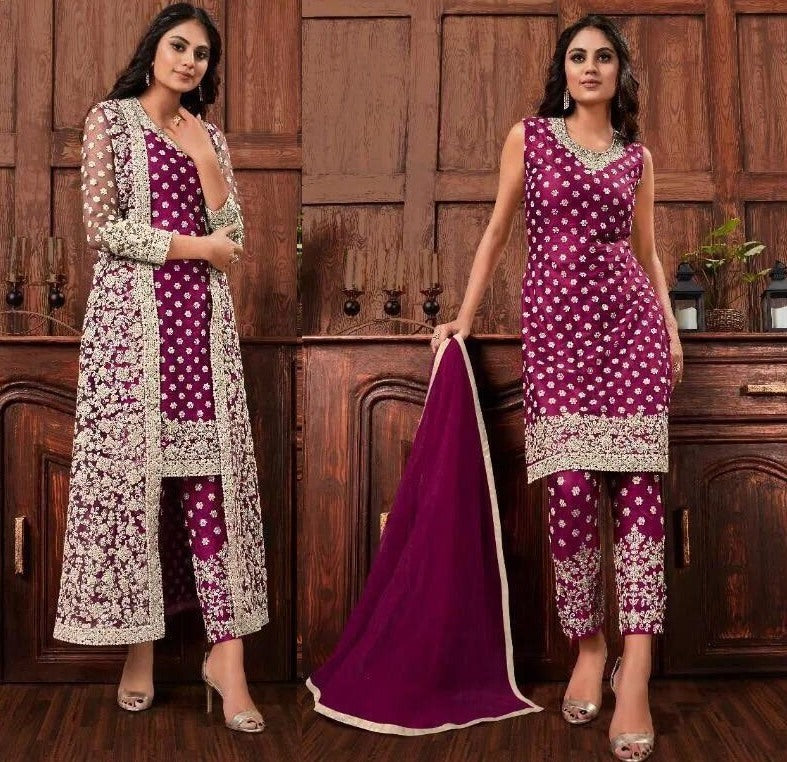 Purple harvey vaishnavi net with heavy embroidered salwar suit with koti