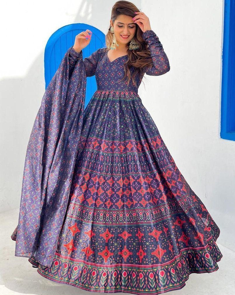 Purple heavy butter silk digital printed work party wear anarkali gown