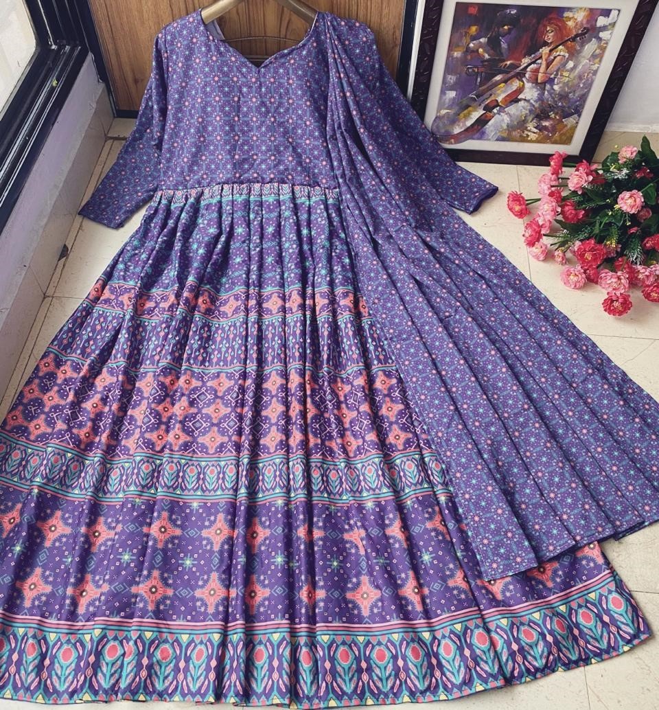 Purple heavy butter silk digital printed work party wear anarkali gown