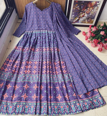 Purple heavy butter silk digital printed work party wear anarkali gown