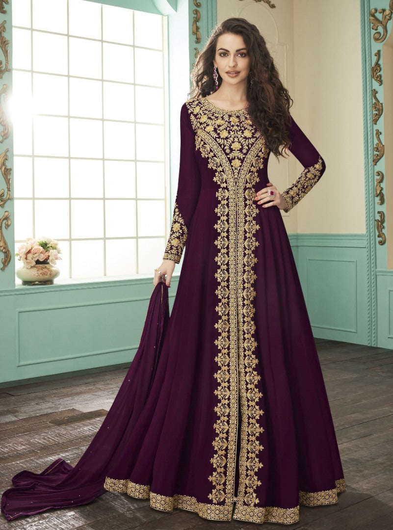 Purple heavy faux georgette embroidery stylist wedding gown