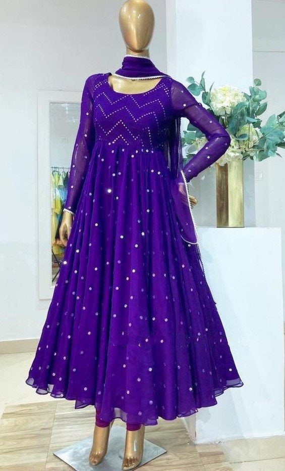Purple heavy georgette fully embroidered work occasional wear gown