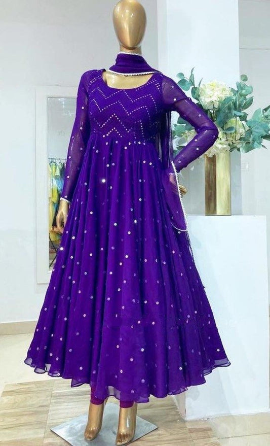 Purple heavy georgette fully embroidered work occasional wear gown