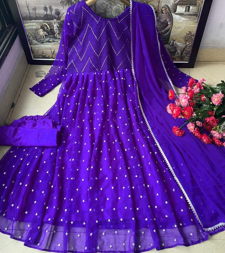 Purple heavy georgette fully embroidered work occasional wear gown